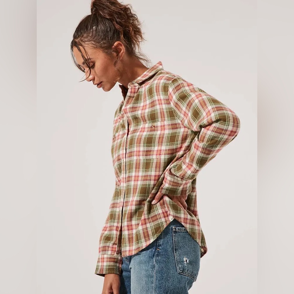 Pact | Women’s ‘Army Green’ Plaid Fireside Flannel Organic Button Down Top Sz L